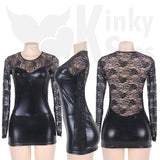 Stunning Black Lace &amp; Wet Look Sleeved Mini Dress